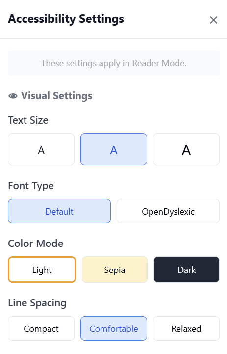Accessibility settings panel with text size, font type, colour mode, and line spacing options