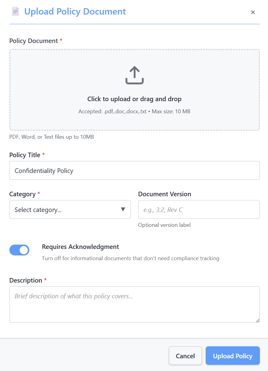 Policy upload dialog showing drag and drop file upload, title, category, and version fields